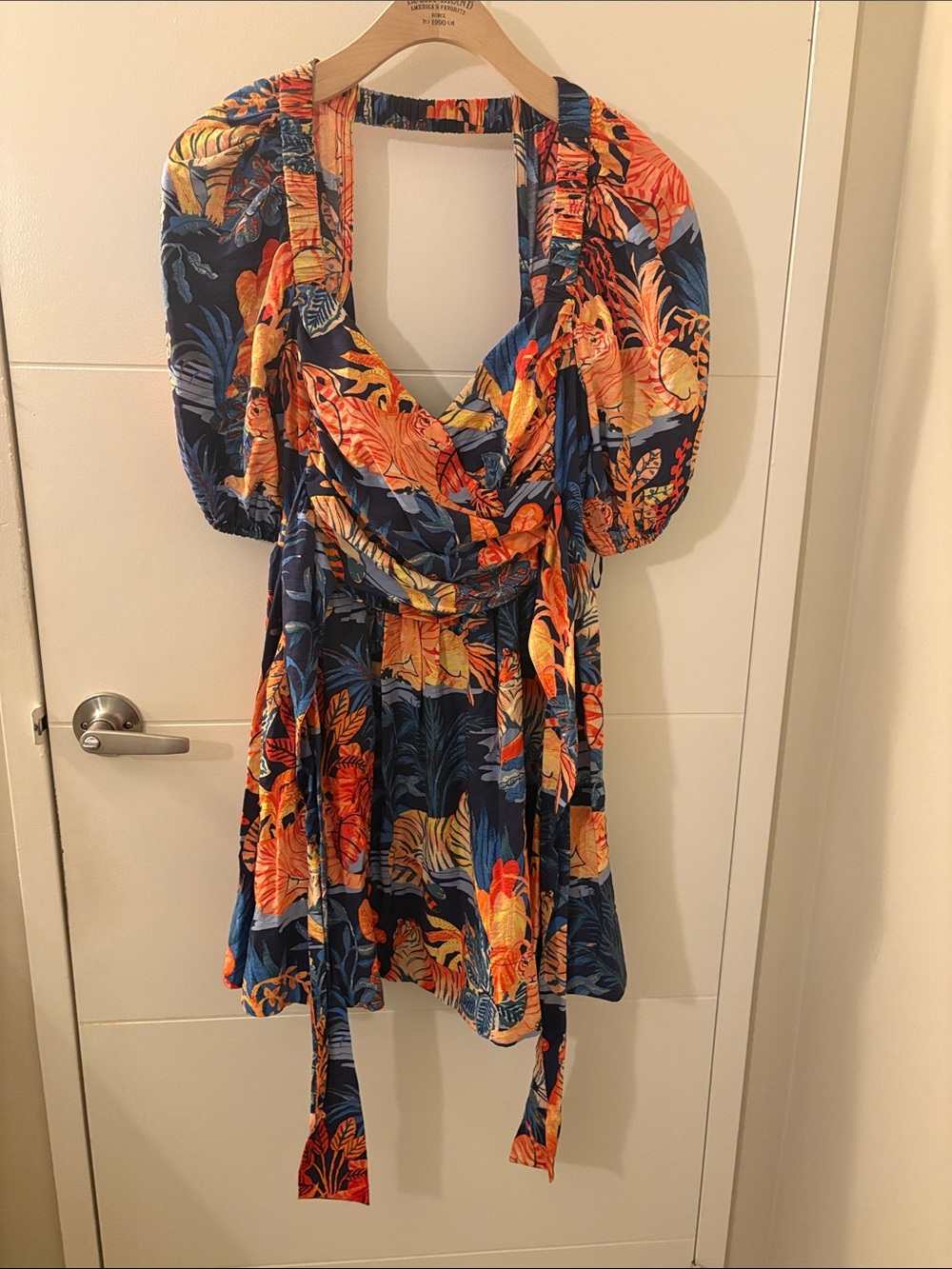 Anthropologie Navy Mini Dress with Orange and Yellow Tropical Print